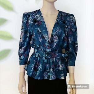 VTG 1980s TABBY Teal Floral Surplice Belt Waist Peplum Castlecore Blouse